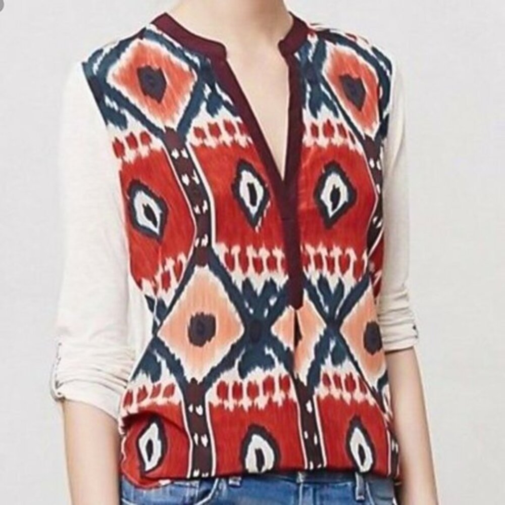ANTHROPOLOGIE TINY Ikat Sima Top Cream Red Aztec Boho Tribal Mixed Media…